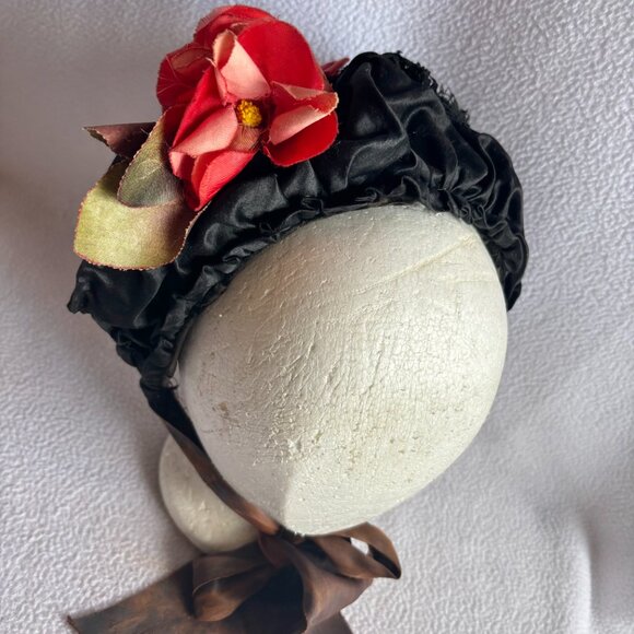 Antique Victorian Black Silk & Velvet Bonnet with Flower main image 10